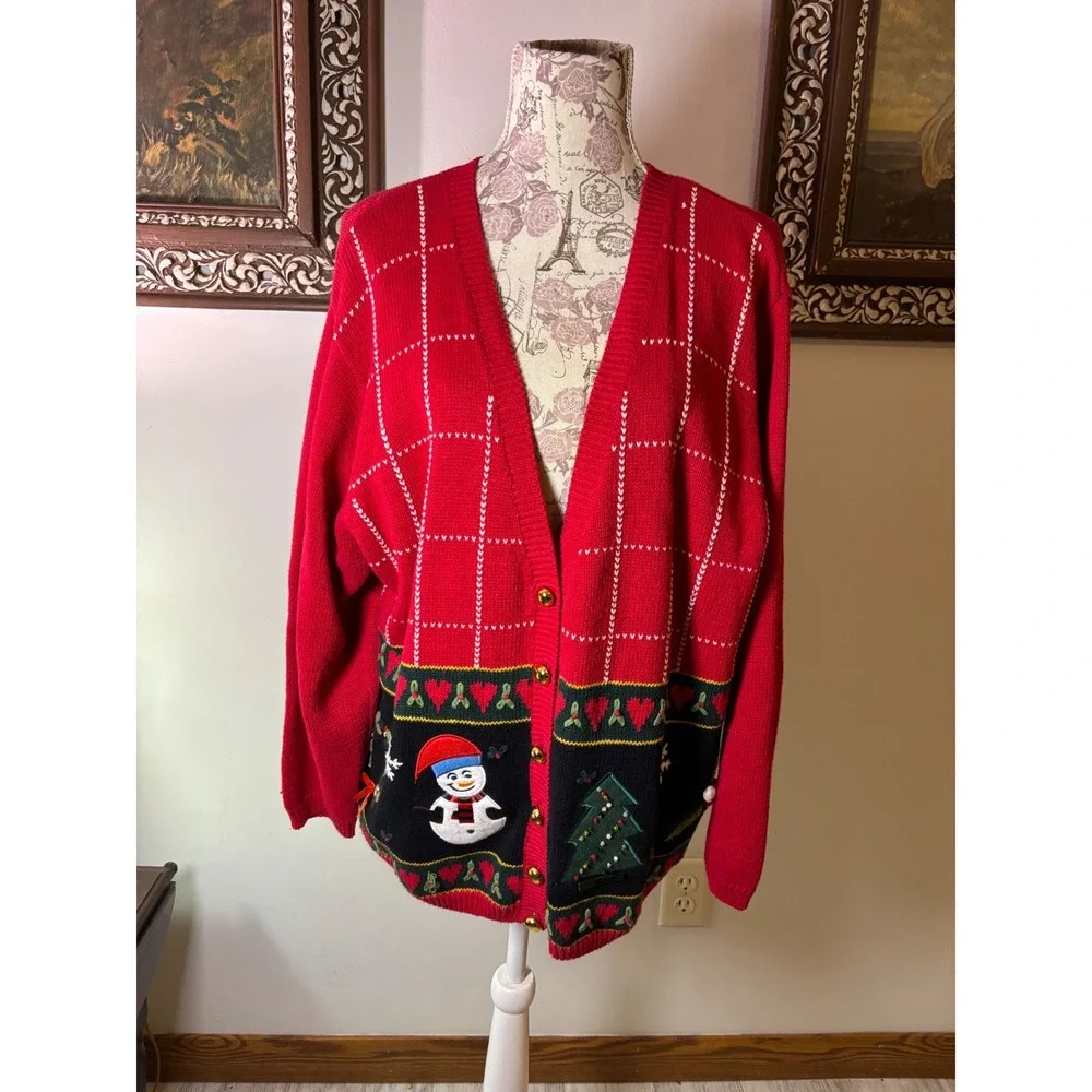 Vintage Cottagecore Red Christmas Snowman Tree Sweater‎ Women 14/16 Cardigan